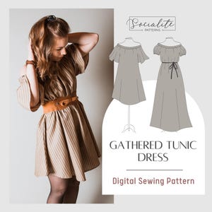 Gathered Tunic Dress Pattern. PDF sewing projector and printable pattern and tutorial. Women&#39;s digital long dress sewing pattern.
