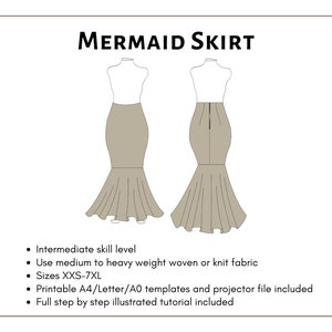 Mermaid Skirt Pattern. Women's PDF printable and projector sewing pattern and tutorial. Wedding dress skirt pattern. image 2