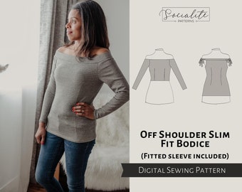 Off Shoulder Slim Bodice Pattern. PDF printable and projector sewing pattern and tutorial. Women's bodice pattern.