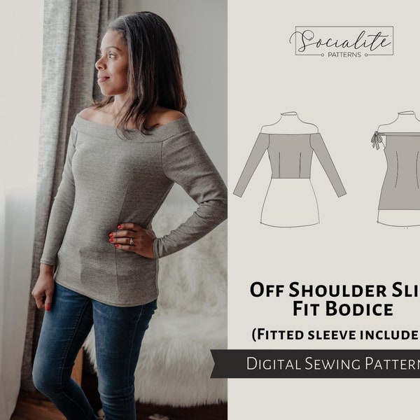 Off Shoulder Slim Bodice Pattern. PDF printable and projector sewing pattern and tutorial. Women's bodice pattern.