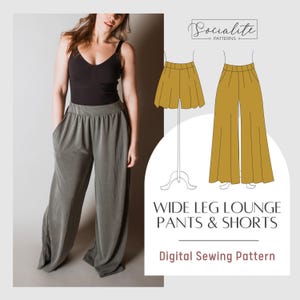 Wide Leg Lounge Pants and Shorts Pattern. Women&#39;s PDF printable and projector sewing pattern and tutorial. Women&#39;s lounge pants pattern.
