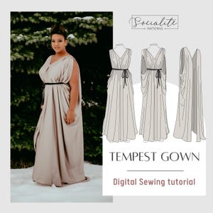 Tutorial de vestido Tempest. Tutorial de costura en formato PDF descargable. Guía de corte imprimible con medidas. Vestido para sesión de fotos. Patrón de vestido de mujer.