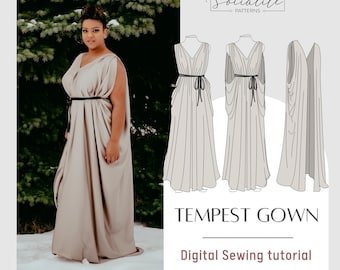 Tempest Gown Tutorial. Downloadable PDF sewing tutorial. Printable cutting guide with measurements. Photoshoot dress. Women&#39;s dress pattern.