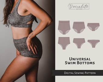 Women's universal swim bottoms pattern. Low cut, mid rise, high rise swimsuit bottoms. Swimsuit pdf pattern and tutorial.