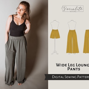 Wide Leg Lounge Pants and Shorts Pattern. Women's PDF printable and projector sewing pattern and tutorial. Women's lounge pants pattern.