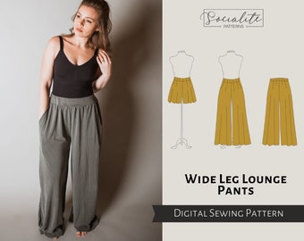 Wide Leg Lounge Pants and Shorts Pattern. Women's PDF printable and projector sewing pattern and tutorial. Women's lounge pants pattern.