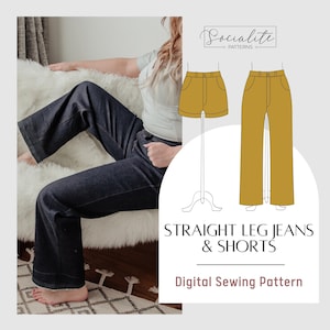 Straight Leg Jeans and Shorts Pattern. Women&#39;s PDF printable and projector sewing pattern and tutorial. Wide leg jeans.