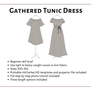 Gathered Tunic Dress Pattern. PDF sewing projector and printable pattern and tutorial. Women's digital long dress sewing pattern. image 2