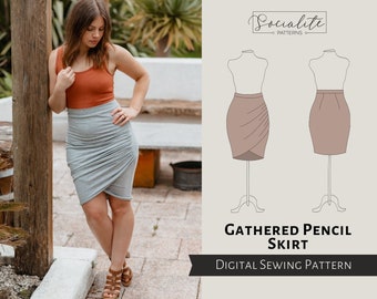 Gathered Pencil Skirt Pattern. Women's PDF printable and projector sewing pattern and tutorial. Summer skirt pattern.