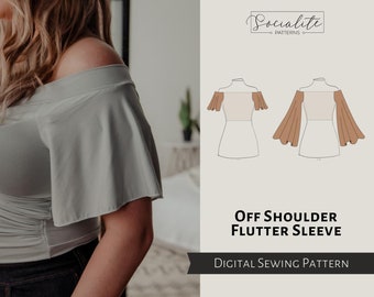 Off Shoulder Flutter Sleeve Pattern. PDF printable and projector sewing pattern and tutorial. Digital sleeve pattern.