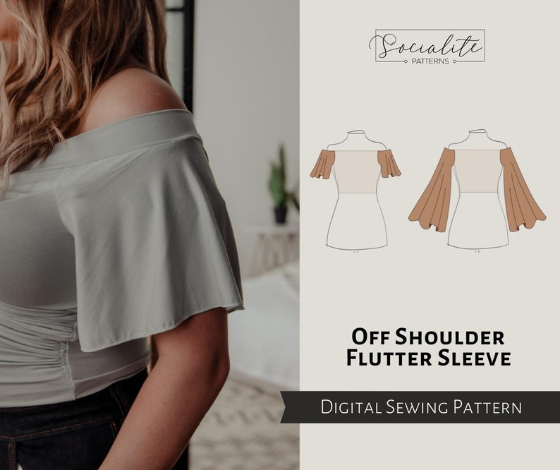 Off Shoulder Flutter Sleeve Pattern. PDF printable and projector sewing pattern and tutorial. Digital sleeve pattern. image 1