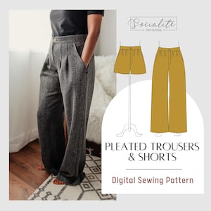 Pleated Trouser and Shorts Pattern. Women&#39;s PDF printable and projector sewing pattern and tutorial. Wide leg pants pattern.