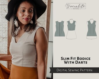 Basic Slim Bodice With Darts Pattern. Women's PDF printable and projector sewing pattern and tutorial. Digital bodice pattern.