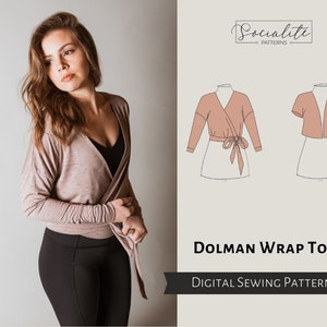 Dolman Loose Fit Wrap Top Pattern. PDF printable and projector sewing pattern and tutorial. Women's wrap top pattern.
