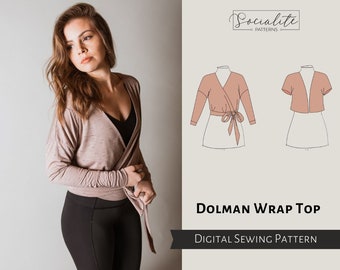 Dolman Loose Fit Wrap Top Pattern. PDF printable and projector sewing pattern and tutorial. Women's wrap top pattern.