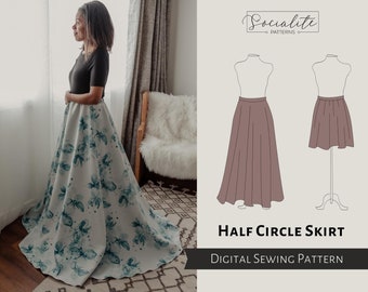 Half Circle Skirt Pattern. Women's PDF printable and projector sewing pattern and tutorial. Formal skirt pattern.