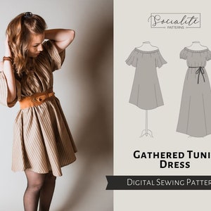 Gathered Tunic Dress Pattern. PDF sewing projector and printable pattern and tutorial. Women's digital long dress sewing pattern. image 1