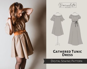 Gathered Tunic Dress Pattern. PDF sewing projector and printable pattern and tutorial. Women's digital long dress sewing pattern.