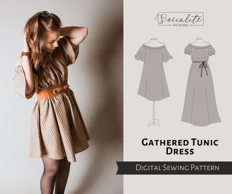 Gathered Tunic Dress Pattern. PDF sewing projector and printable pattern and tutorial. Women's digital long dress sewing pattern. image 1