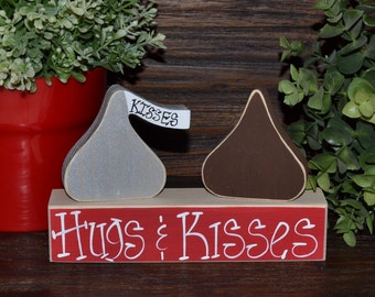 Hugs & Kisses Personalized Valentine Block Set Wood Blocks Valentine Decor primitive gift holiday personalized wood sign hershey valentine