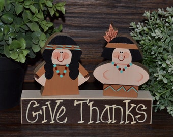 Thanksgiving Block Set-Give Thanks Block Love Set-home decor primitive block gift fall wood sign Indian Pilgrim Thanksgiving Decor