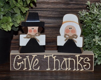 Thanksgiving Block Set-Give Thanks Block Love Set-home decor primitive block gift fall wood sign Pilgrim Indian Thanksgiving Decor