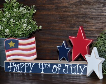 Happy 4th of July Decor Patriotic Wood Block Set Independence Day Presidents Day Flag Americana Gift Primitive 4th of July Decor