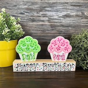 Personalized Sprinkle Cupcake Happy Birthday Decor Birthday Mantle Sitter Birthday Shelf Sitter Birthday Blocks Birthday Card Gift Table