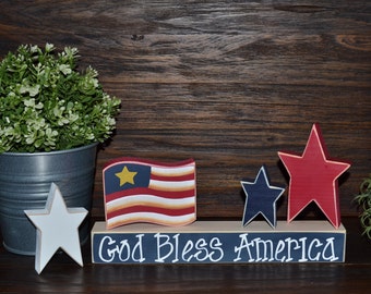 God Bless America Patriotic Wood Block Set Independence Day Presidents Day Flag Americana Gift Primitive 4th of July Decor