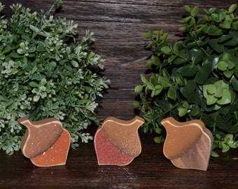 May include: Three wooden acorn figurines with brown caps and orange or red bases. The acorns are arranged on a dark wooden surface, with green foliage in the background. The acorns have a rustic, handcrafted appearance.