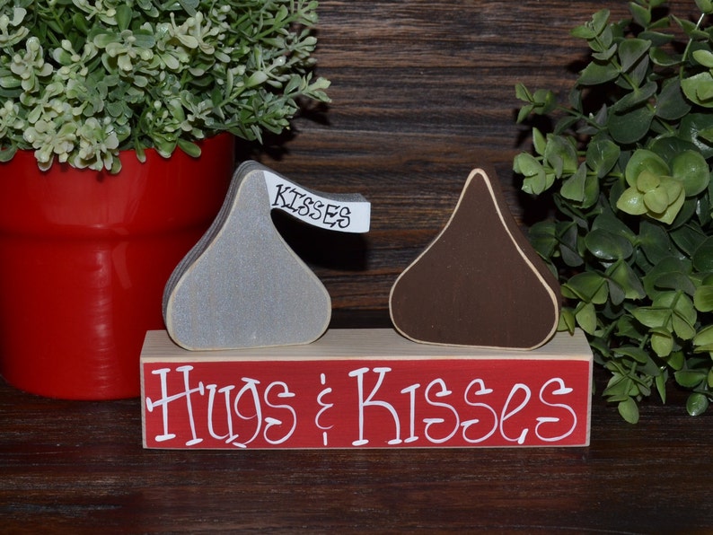 Hugs & Kisses Personalized Valentine Block Set Wood Blocks Valentine Decor primitive gift holiday personalized wood sign hershey valentine Red