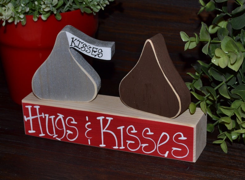 Hugs & Kisses Personalized Valentine Block Set Wood Blocks Valentine Decor primitive gift holiday personalized wood sign hershey valentine image 3