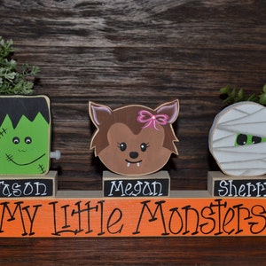 Our Little Monsters Personalized Halloween Decor Dracula Frankenstein Mummy Werewolf Halloween Decoration Shelf Sitter all hallows eve ghost