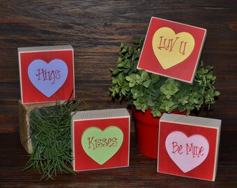 Sweetheart Valentine's Day Decor Wood Stacking Blocks of Love Set Valentines Decoration Block Set Mantle Decor Hugs Kisses Be Mine Love You