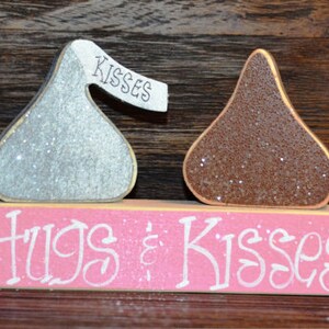 Hugs & Kisses Personalized Valentine Block Set Wood Blocks Valentine Decor primitive gift holiday personalized wood sign hershey valentine Think Pink