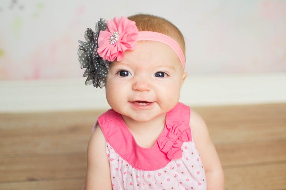 Items similar to Pink Baby Headband, Polka Dot Headband, Gray Pink ...