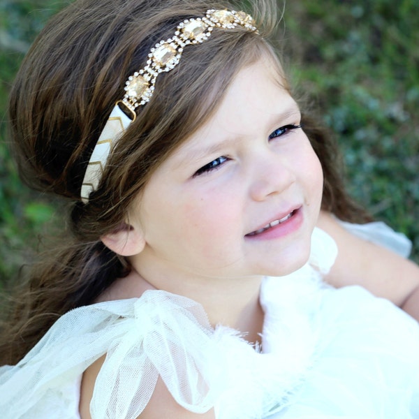 Gold Rhinestone Headband, Prom Headband, Champagne Gold Headband, Gold Bridal Headband, Newborn Photo Prop, Forehead Headband, Gold Ivory