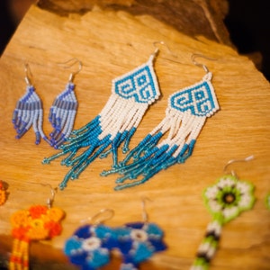 Medusa beaded earrings Traditional mexican huichol design Blue
