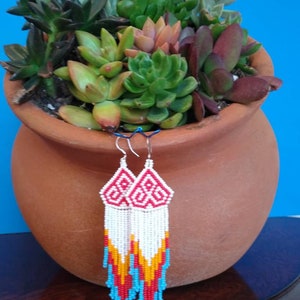 Medusa beaded earrings Traditional mexican huichol design White and red