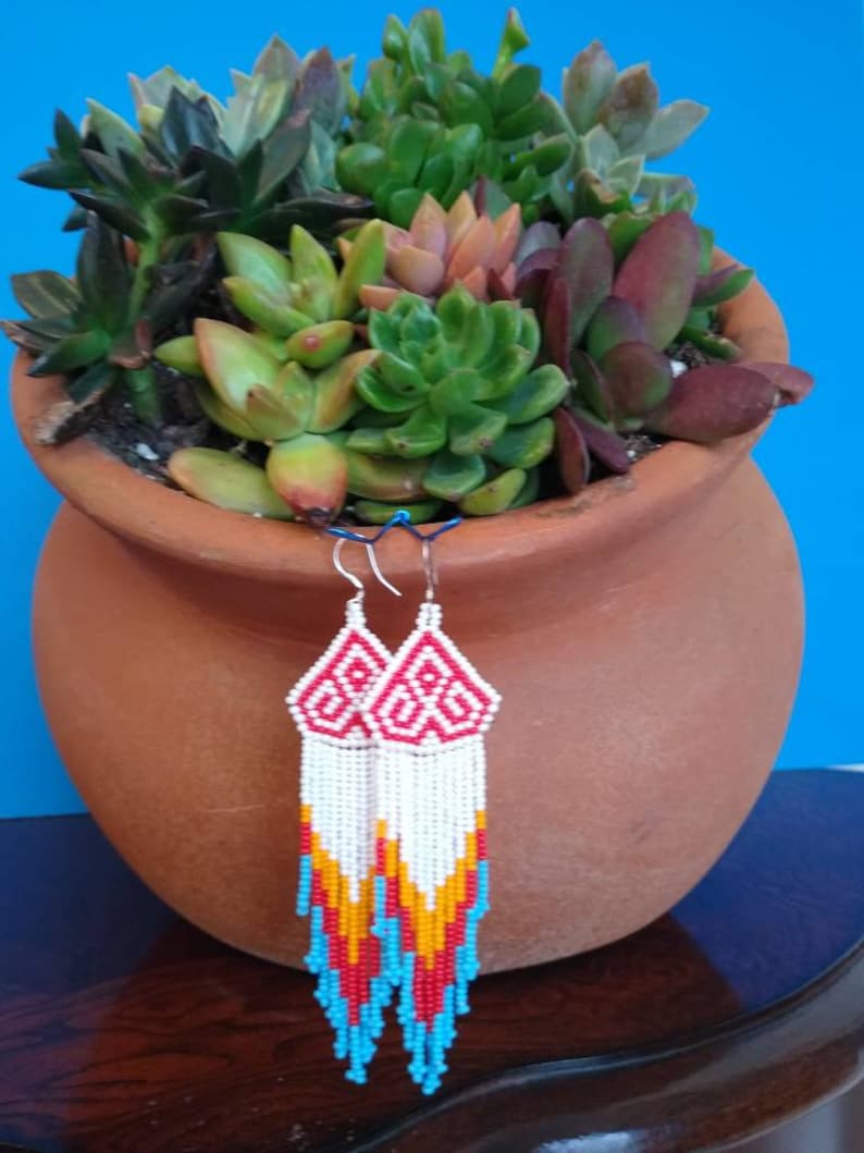 Medusa beaded earrings Traditional mexican huichol design White and red