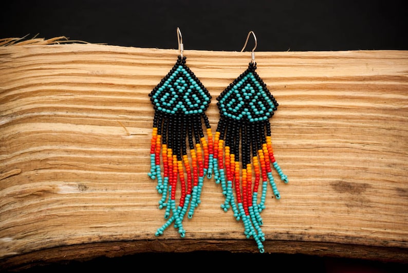 Medusa beaded earrings Traditional mexican huichol design Turquoise