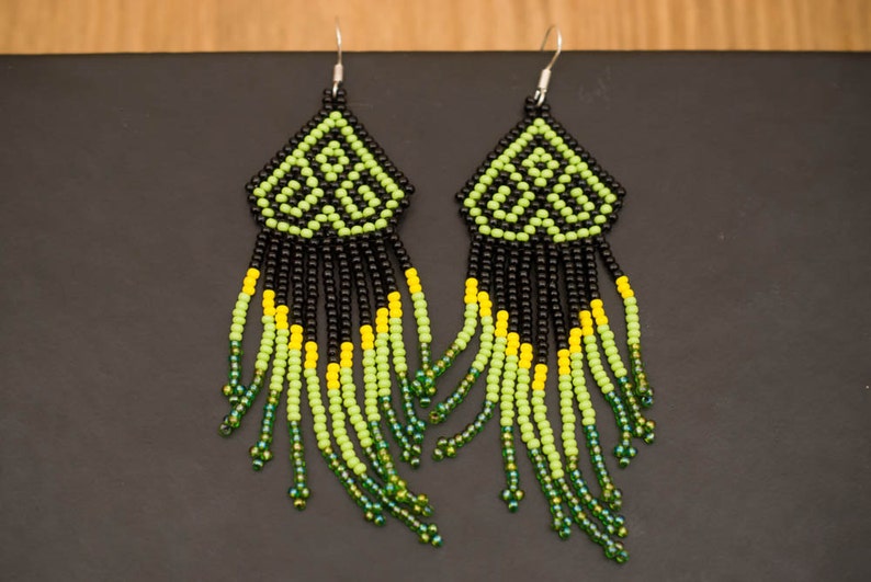 Medusa beaded earrings Traditional mexican huichol design Green