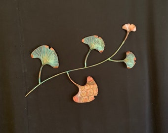 Copper and Bronze Green and Red Hot Patina Indoor or Outdoor Hanging Ginkgo Plant Leaves on Vine Wall Sculpture Decor Gift
