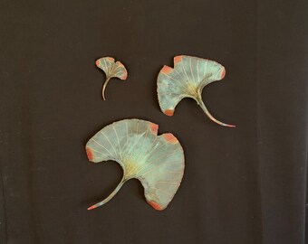 3 Gingko Leaves Copper Wall sculpture set, Red and Green Hot Patina, Indoor/Outdoor safe, gift