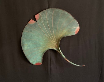 Handmade Copper Green Yellow Red Hot Patina Indoor or Outdoor Hanging Ginkgo Plant Leaf Wall Sculpture, Gift