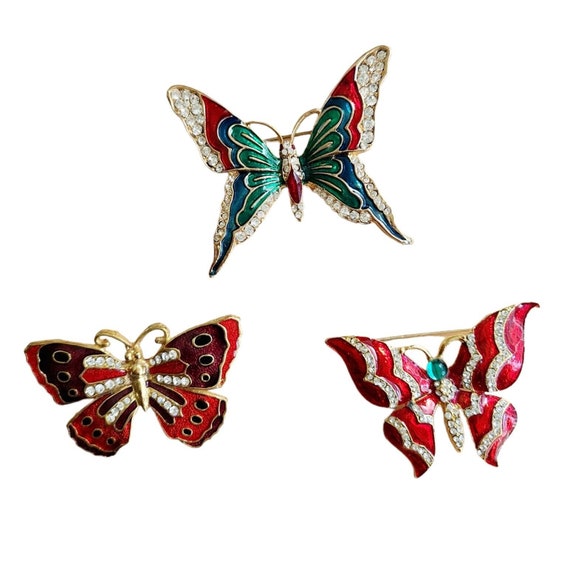 Three Butterfly Vintage Enamel Cloisonne Enamel R… - image 3