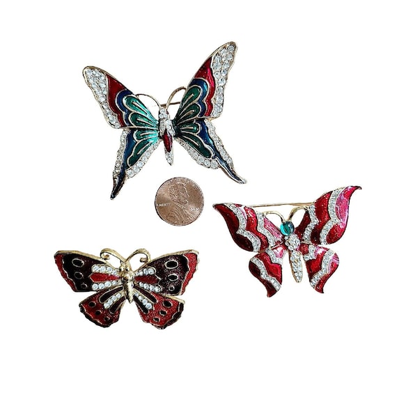 Three Butterfly Vintage Enamel Cloisonne Enamel R… - image 2