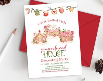 EDITABLE Gingerbread House Decorating Party Invitation, Pink Gingerbread Decorating Invitation Christmas Gingerbread Party DIY Edit Corjl GB