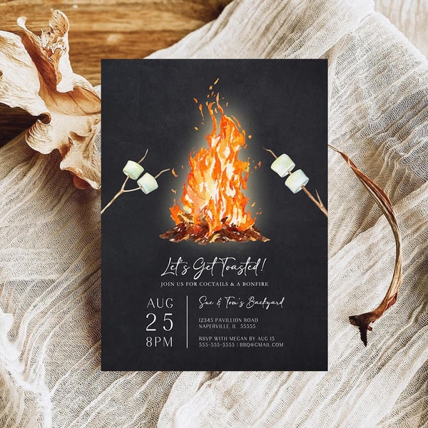 Backyard Bonfire Party Invitation Template, Let's Get Toasted Invitation, Bonfire Smores Invitation, Birthday Party, Couples Party Corjl BF