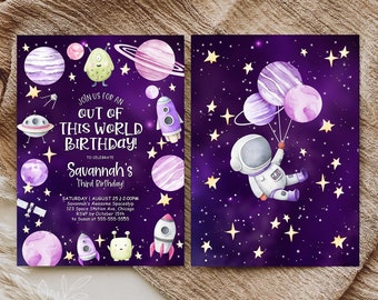 Girl's Purple Outer Space Invitation Template Girl's Out Of This World Space Birthday Invitation Blast Off Download Printable Template SP